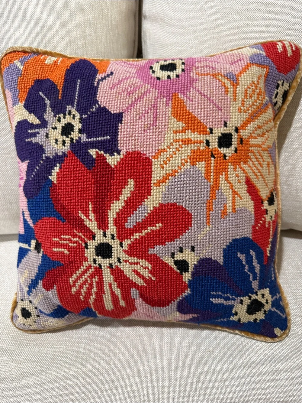 Floral Needlepoint Throw Pillow hand made stitch in Red, Blue & Orange vintage